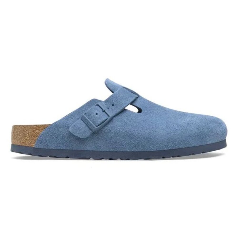 Birkenstock Boston Soft Footbed Unisex Suede Leather Clog Sandal Elemental Blue - Picture 3 of 6
